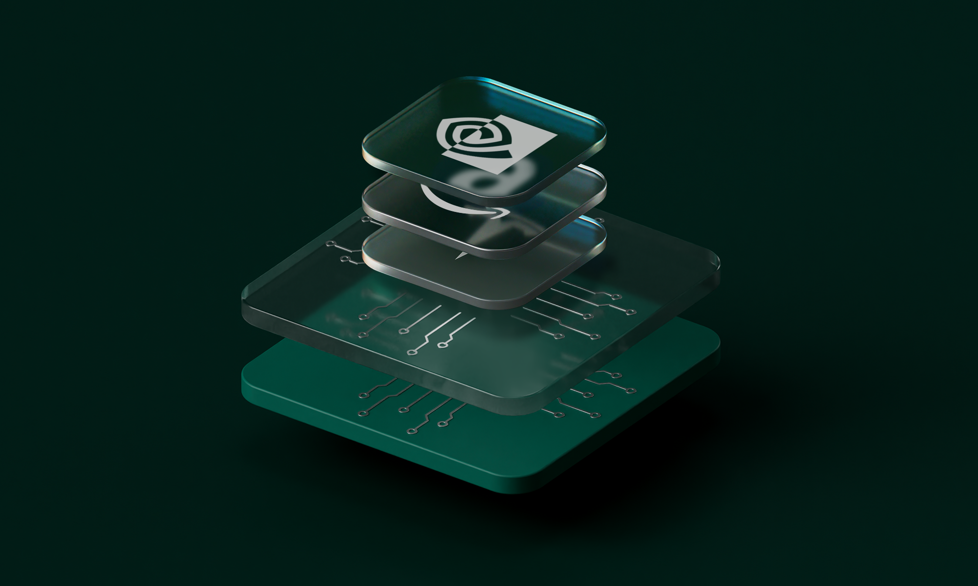 An abstract 3D digital illustration of a tech stack featuring glass panes, circuit board patterns, and company logos including Nvidia and Amazon, on a dark green background.