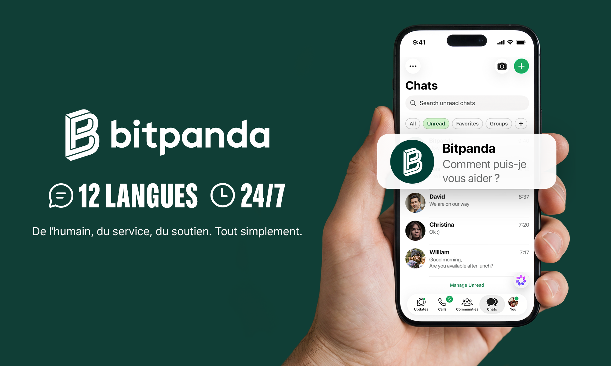 Service client Bitpanda 24h/24 sur WhatsApp – assistance humaine en 12 langues