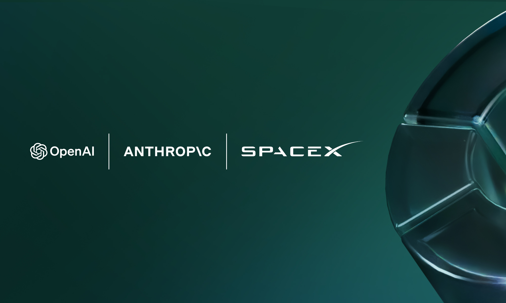 Conceptual banner for upcoming tech IPOs featuring the corporate logos of OpenAI, Anthropic, and SpaceX against a professional dark green background.